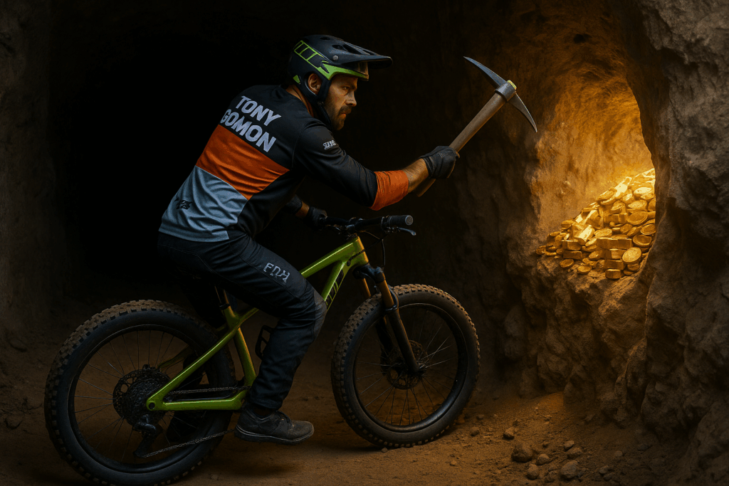 Tony Gomon in tenuta da enduro con fat bike verde fluo, mentre scava in una miniera con la picozza a un passo dal tesoro, simbolo dell’insegnamento ‘Non ti fermare a un colpo dall’oro